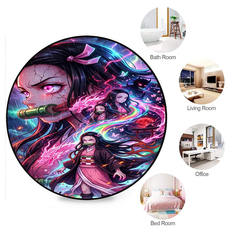 Classic Japanese-style Cartoon Demon Slayer Round Rug, Home Soft Decorative Anti-slip Yoga Mat and Chair Mat, Outdoor Floor Mat Carpet K27