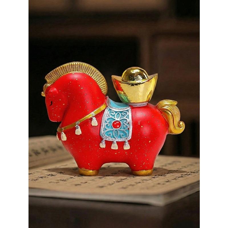 

Chinese New Year Horse Decor, Red & Gold Resin Wealth Bringing Horse Statue Desk Ornament, Rotating Wealth Bringing Horse Figurine Rotatable Gold Ingot