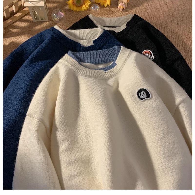 Men's Fake Two Piece Knit Sweater Crew Neck Casual Embroidered Pullover