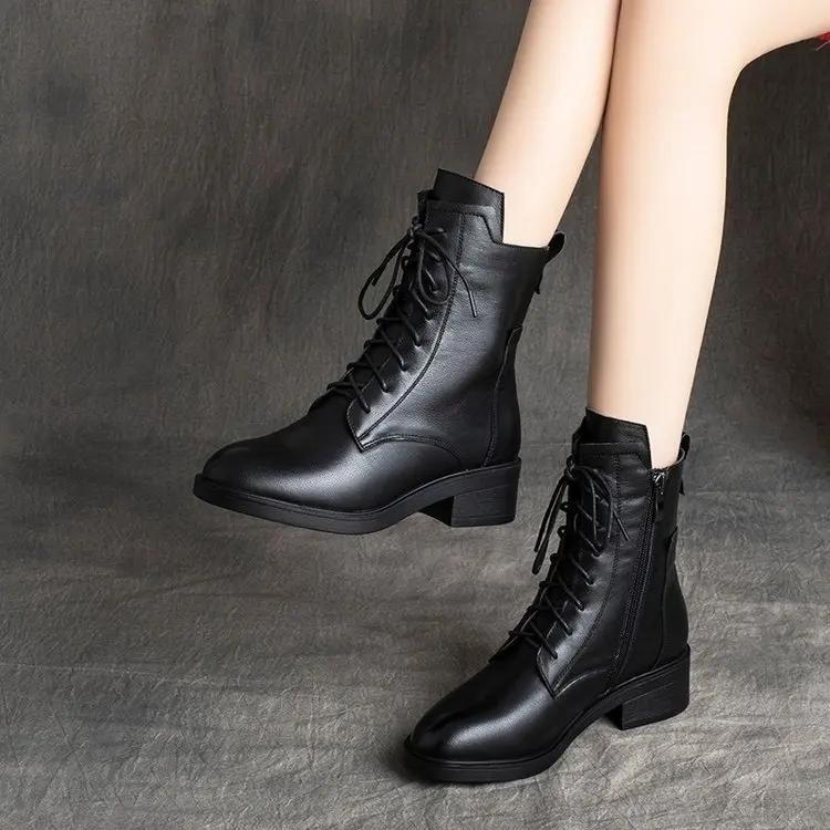 Fashion 2024 New Ladies Shoes Hot Sale Cross-tied Women's Boots Fashion Side Zipp Casual Boots Women High Quality Square Heel Mid-Calf