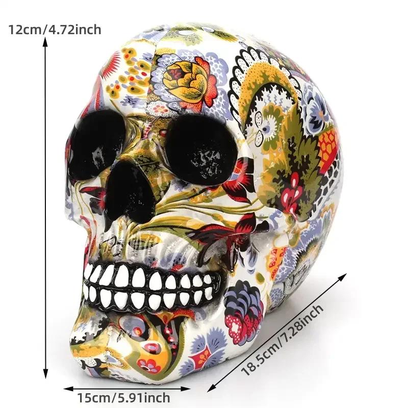 1pc, Horror Skull Decoration Resin Color Flower Painting Halloween Skull Home Bar Table Desktop Decoration Craft Gift