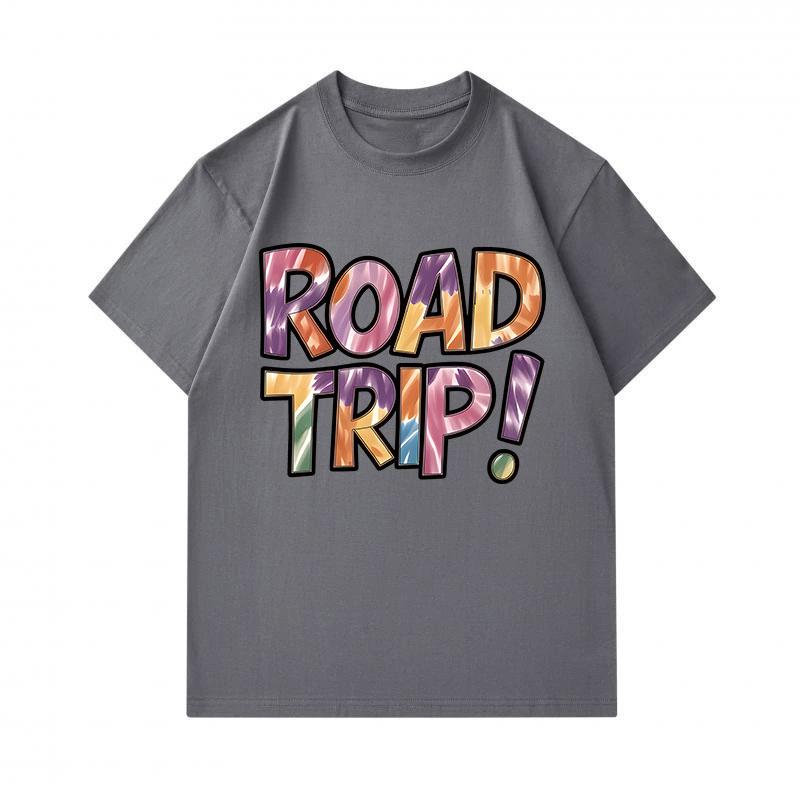 Men's 100% Cotton Crew Neck Short Sleeve T-Shirt, Fun Road Trip! Slogan Print Casual Summer Tee, Comfortable Breathable Daily Wear Top for Travel Holi