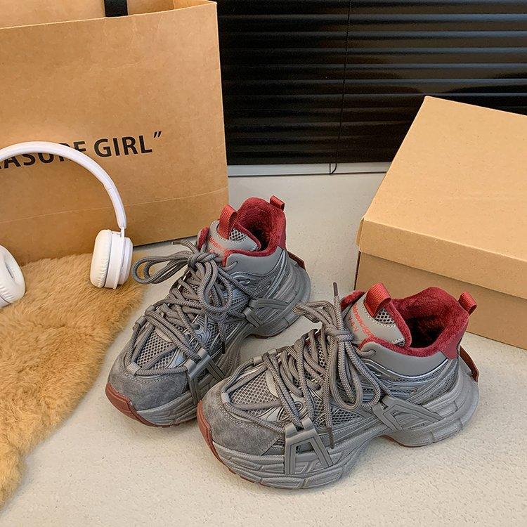 Angola red thick-soled velvet thickened high-top dad shoes for women's 2025 winter new heightening leather sneakers