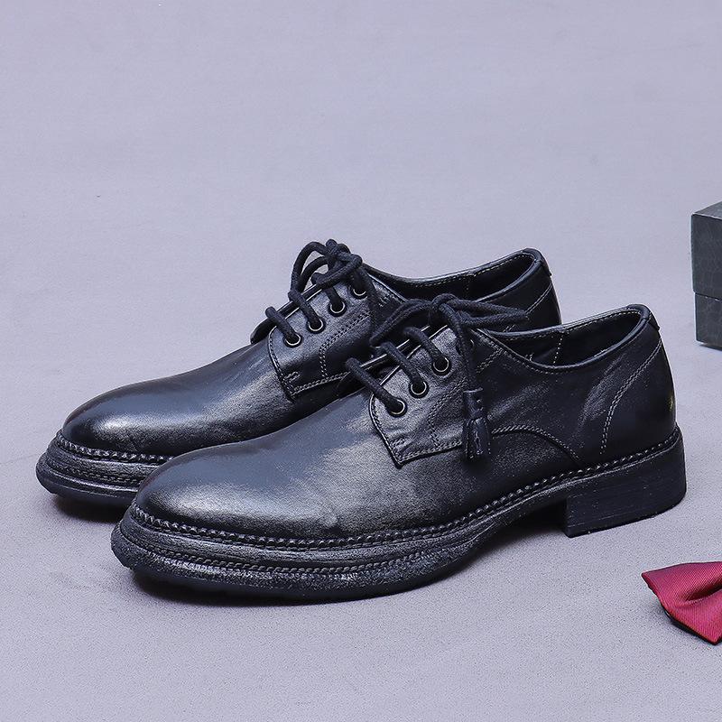 Washed Horse Leather Shoes Men's New Versatile Round Head Thick Heel Lace-up Goodyear Leather Shoes