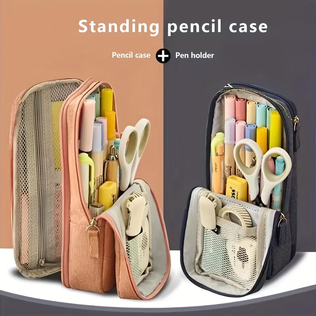 Dual-Layer Portable Pencil Case with Standing Phone Holder Durable Oxford Fabric, Ideal for Middle & High School Students, Pencil Pouch