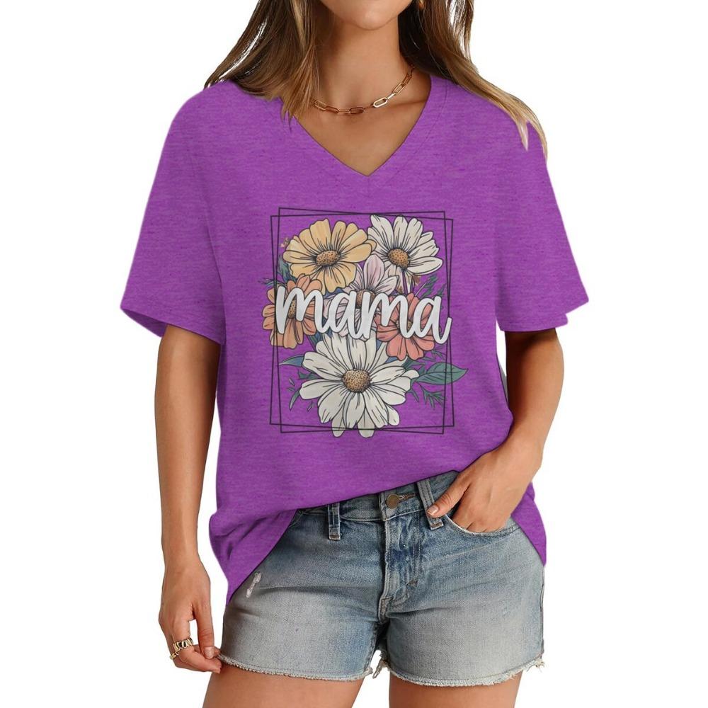 Flower Mama Boho Vintage T-shirt Happy Mother's Day Gift Classic Tops Mama V-neck T Shirts Casual Short Sleeve Tee