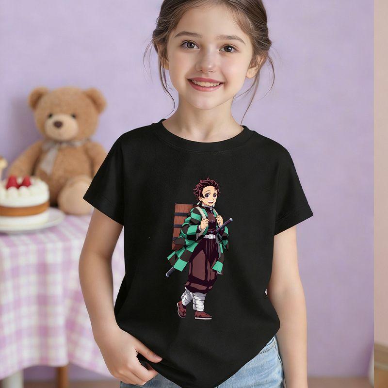 Demon Slayer 2026 Pure Cotton Cartoon ShortSleeved TShirt for Girls New Summer Breathable Childrens Clothing