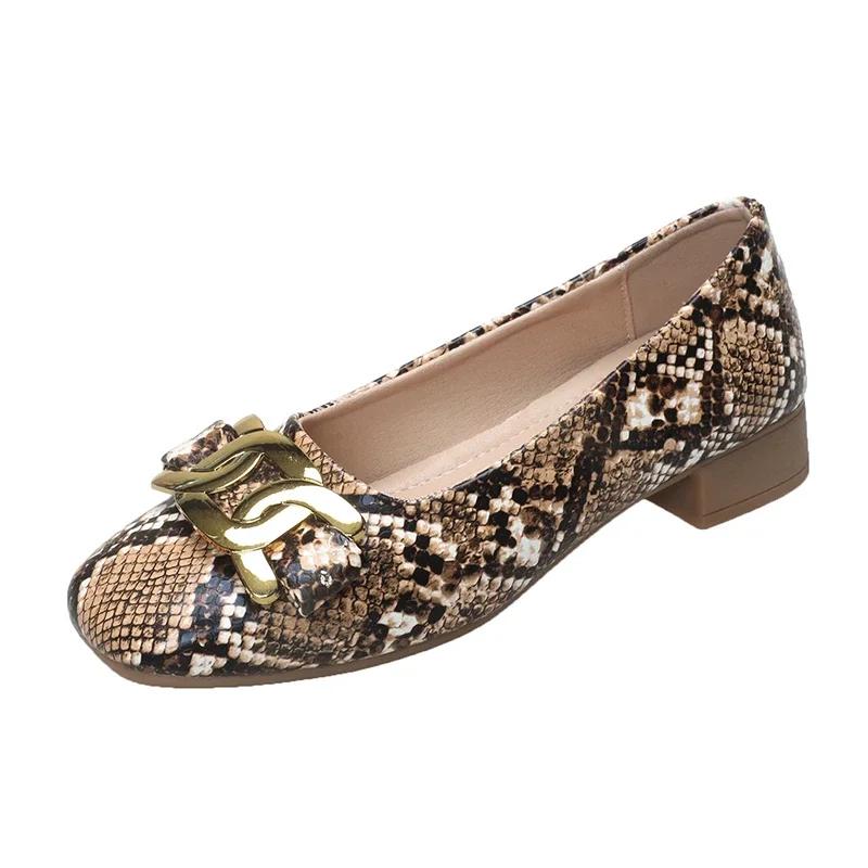 Fashion 2025 High Quality Ladies Shoes Summer Snake Print Square Toe Slip-On High Heels Metal Decoration Fashion Pumps for Office Shoes