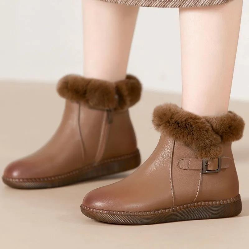 Flat-bottomed Short Boots, Women's Winter Mother Shoes, Rabbit Fur Thick Cotton Shoes, Women's Boots, Soft-soled Plus Velvet Leather Shoes, Snow Boots
