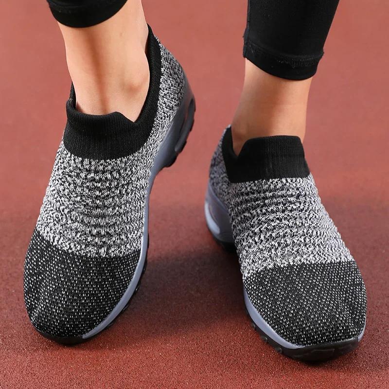 Women's Summer Slip on Shoes Black Sporty Casual Breathable Height Increasing Thick Soled Non Slip Comfortable New Walking Shoes