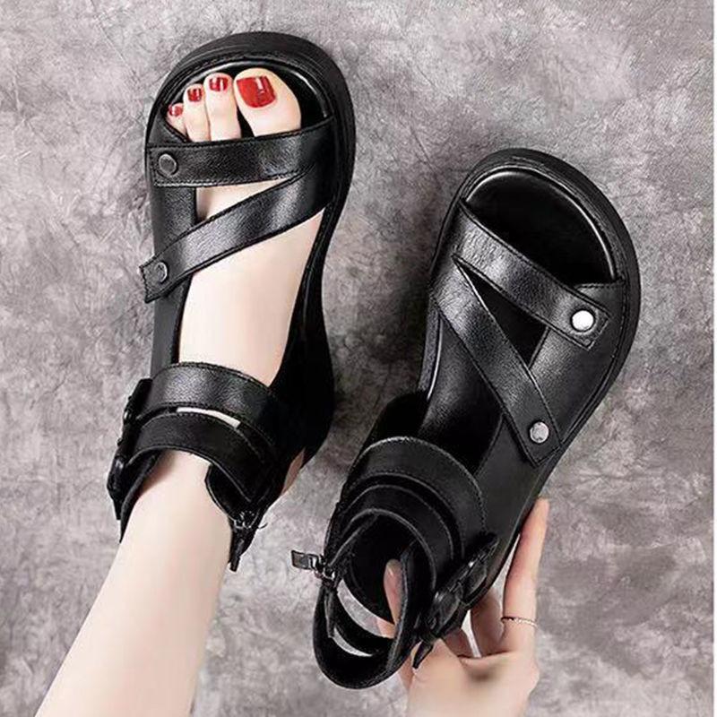 Comemore Women's Sandals Summer Mid Heeled Wedges Shoes for Women Retro Leather Gladiator Sandals Platform Rome Solid Sandalias