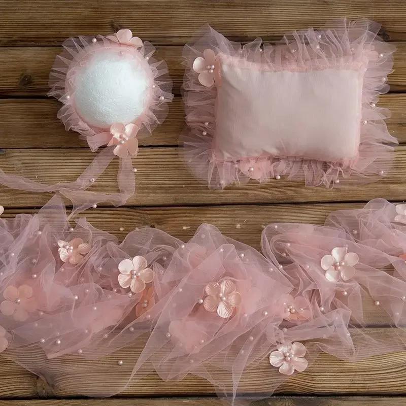 

Studio Outfit Newborn Baby Photography Props Set 40x160cm Comfortable Wrapped Pillow Pearl Wrapped Scarf Lace Hat Baby Props Fabric