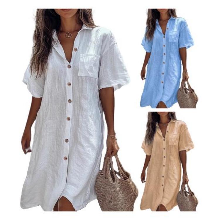 Casual Commuter Style Women Shirt Lapel Short Sleeve Loose Fit Solid Color Buttons Placket Work Shirt