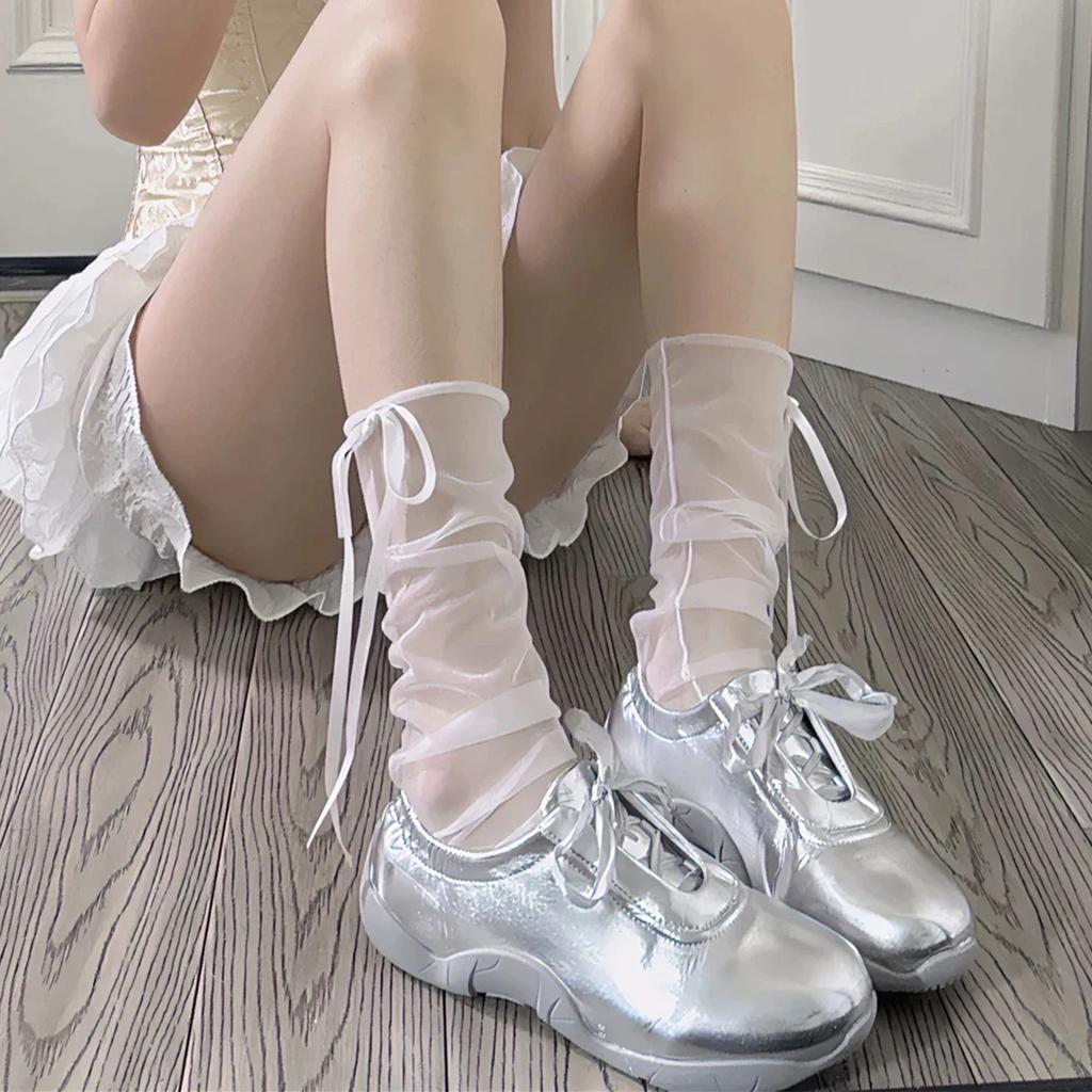 1/2Pairs Japanese See Through Mesh Middle Tube Socks For Women Girl Fairycore Ribbon Bowknot Loose Slouch Calf Socks