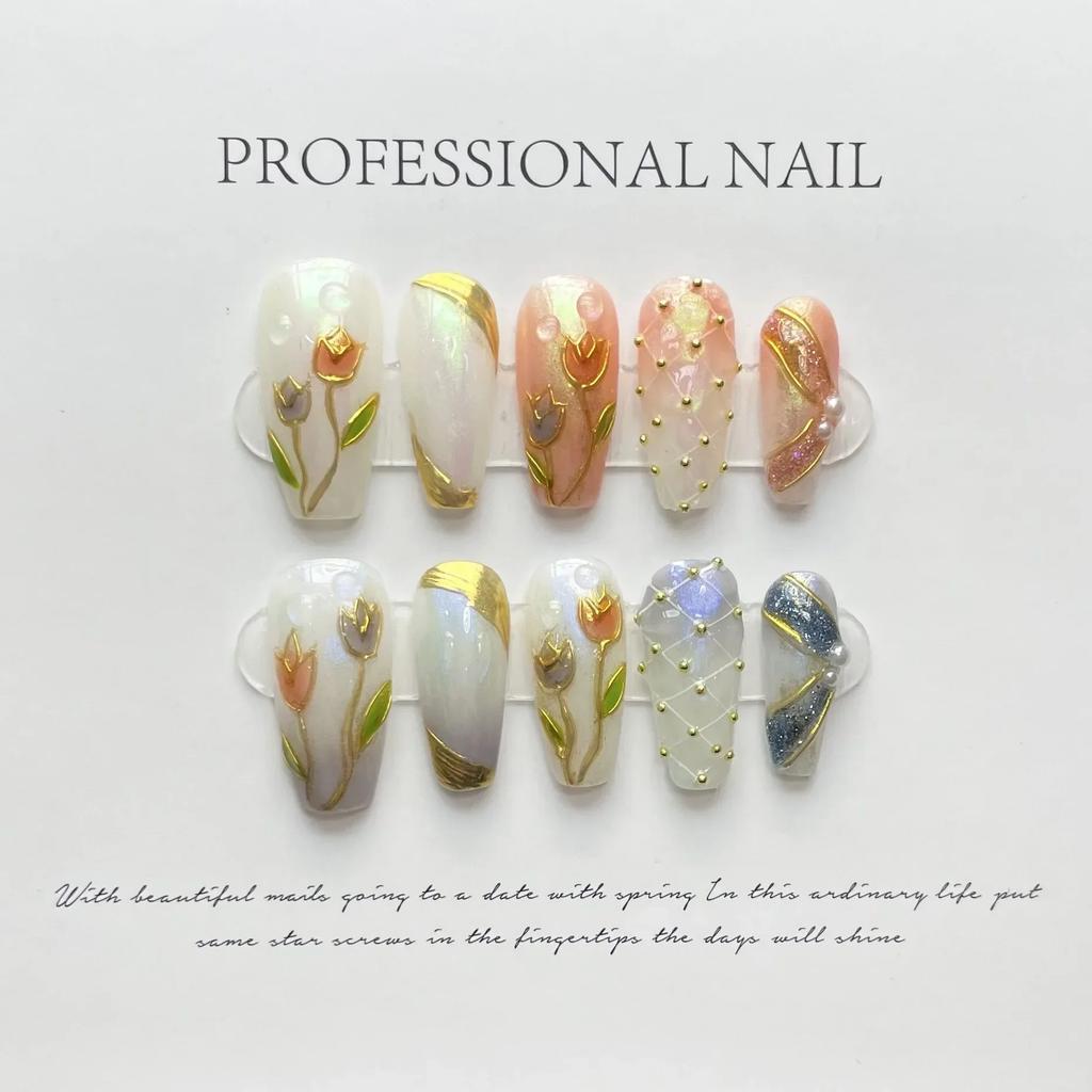 10Pcs Handmade Press on Nails Long Ballet Blue Fake Nails with 3D Ocean Moon Rhinestone Design False Nails Full Cover Nail Tips