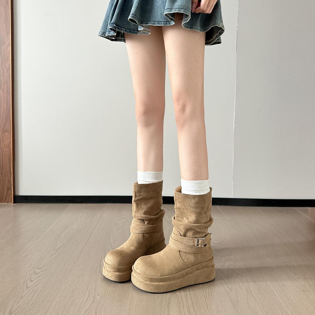 Pile Boots Thick-soled Medium Boots Women's 2026 New Elastic Thin Boots Retro Belt Buckle Western Boots