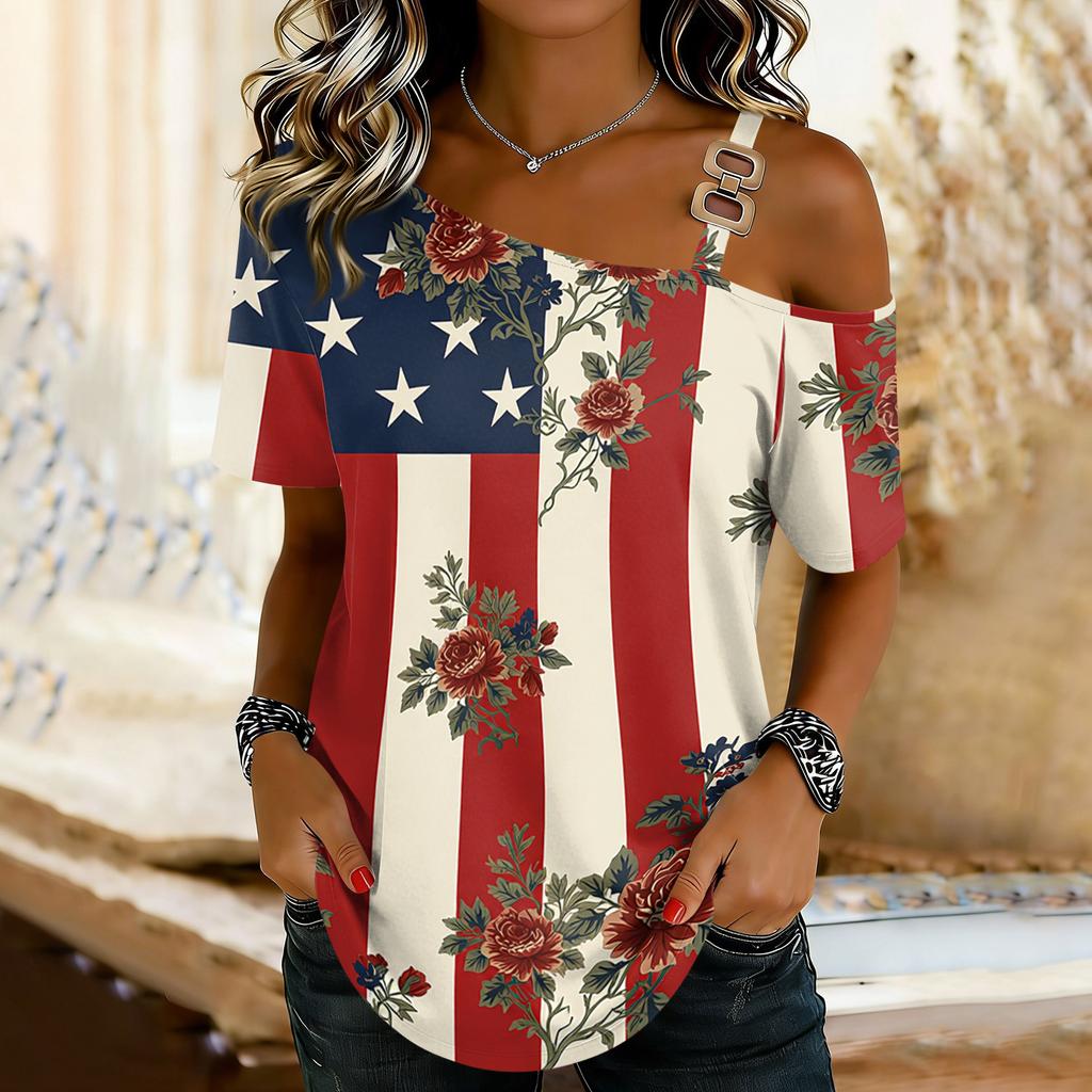 Damenmode Casual Print Sexy schulterfreies Kurzarm-T-Shirt-Oberteil