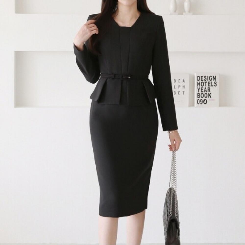 Style Latte Belted Pintuck Peplum H Line Midi Dress
