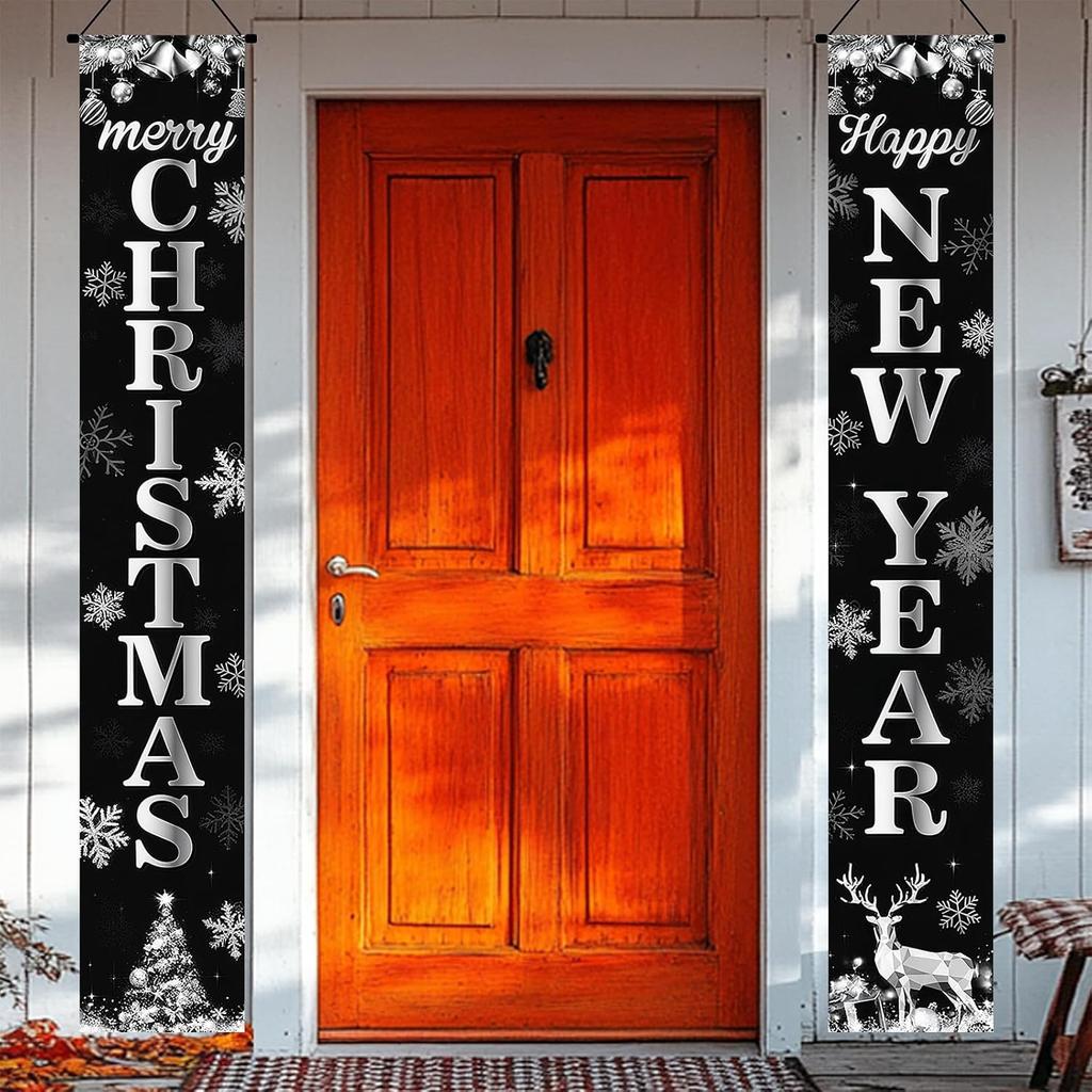 Happy New Year Porch Banner Holiday Party Decoration Black And Silver Hanging Door Sign Outdoor Indoor Festive Wall Decor Snowflake Reindeer Design