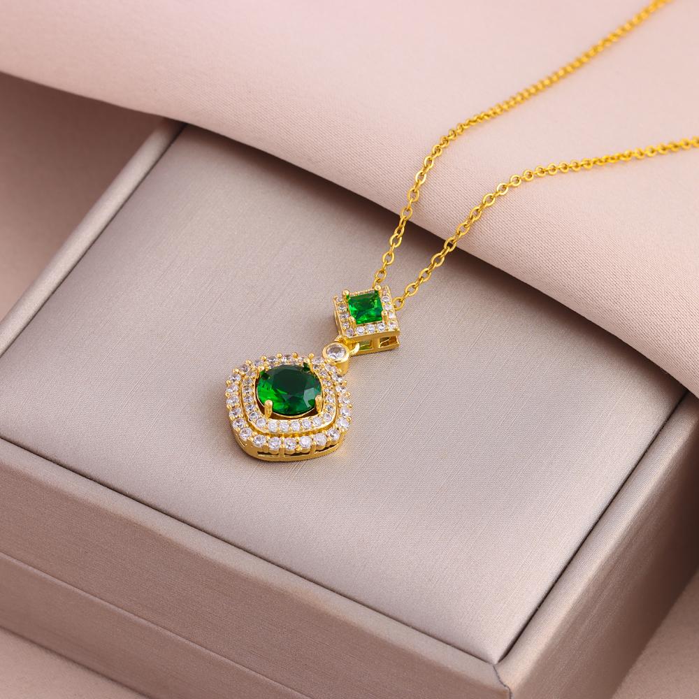 New Vintage Luxury Green Zircon Crystal Pendant Stainless Steel Necklaces For Women Trendy Retro Female Clavicle Chain Jewelry