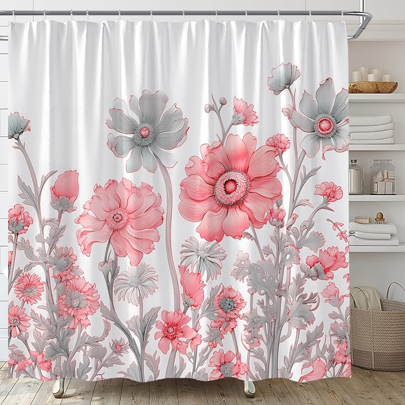 Yellow Grey Floral Shower Curtain Watercolor Flower Leaves Rustic Farmhouse Nature Plant Abstract Modern Home Fabric Bathroom Decor Set Include