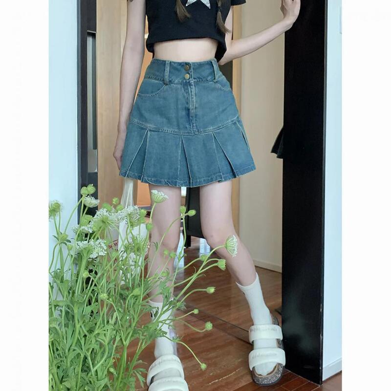 High Waist Denim Pleated Skirt Women A-Line Bodycon Mini Casual Chic Streetwear