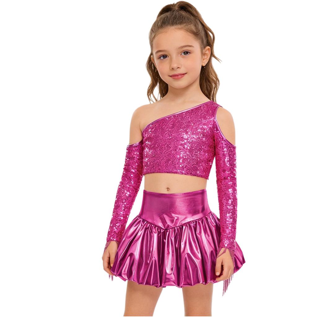Meisjes Performance Outfit Metallic Glanzend Cold Shoulder Crop Top Lange Mouwen Kwastjes Design Feest Bellenrok