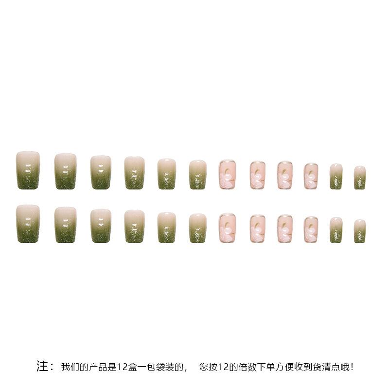 24 Pcs Romantic Gradual Change Glitter White Camellia Manicure with Fresh and Elegant Green Natural Wear Nail Piece