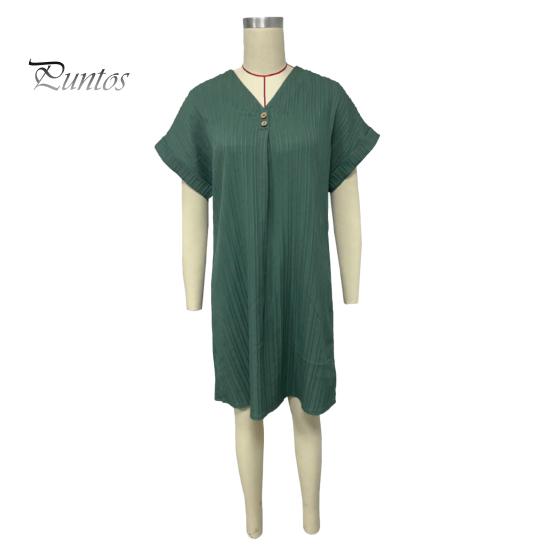 Summer Women Dress V Neck Button Short Sleeves Loose Solid Color Pullover Casual Daily Wear Dating Mini Dress