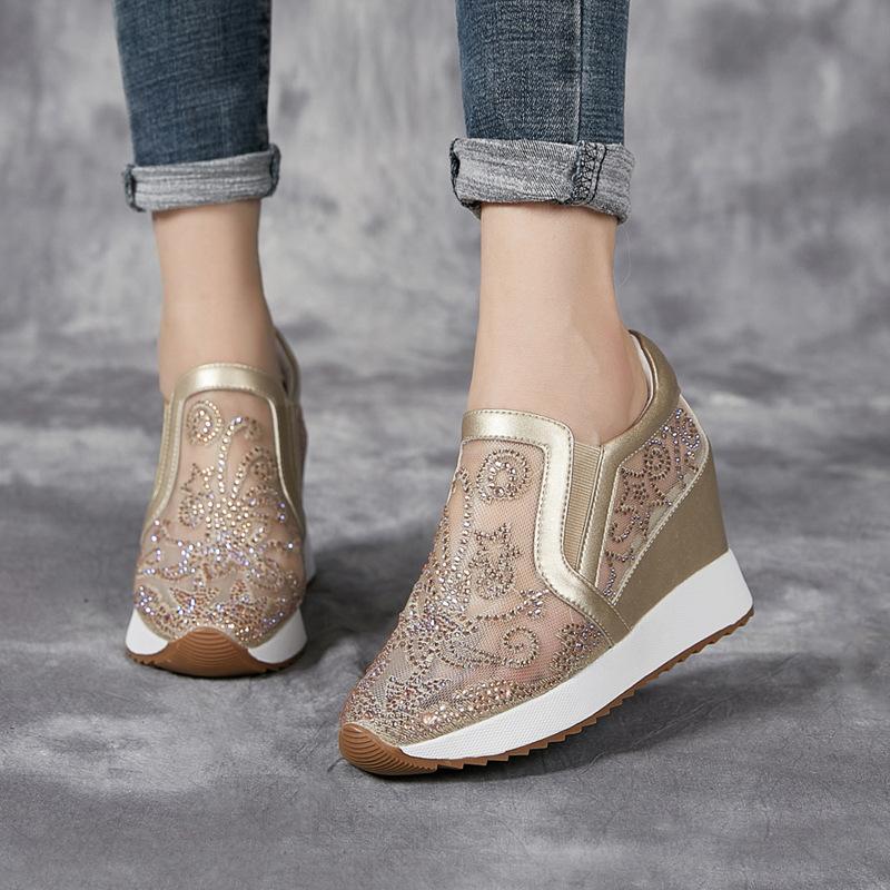 Fashion 8cm Air Mesh Thick Heel Embroider Lace Platform Wedge Bling ZIP Breathable Rhinestone Summer Hollow Women Fashion Shoes