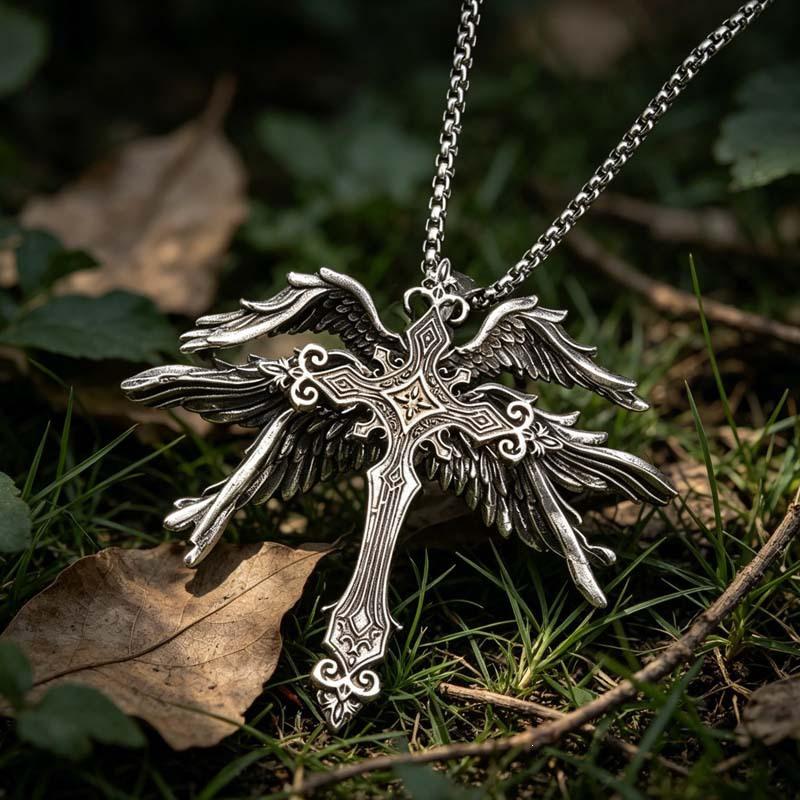Dunkle Erlösung Sechsflügeliger Engel Kreuz Anhänger Halskette - Unisex Pullover Kette Accessoire