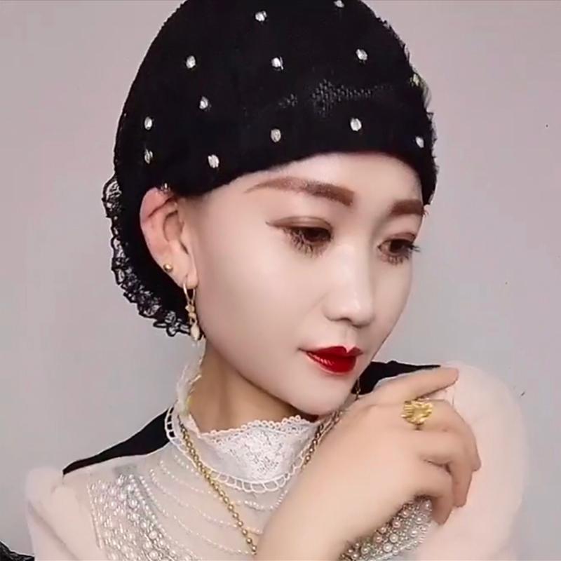 

Красивая шляпа-тюрбан с кружевом и цветком из бриллиантов для женщин, дышащая сетчатая летняя мусульманская шапка, женская повседневная шапочка, повязки для волос чёрный