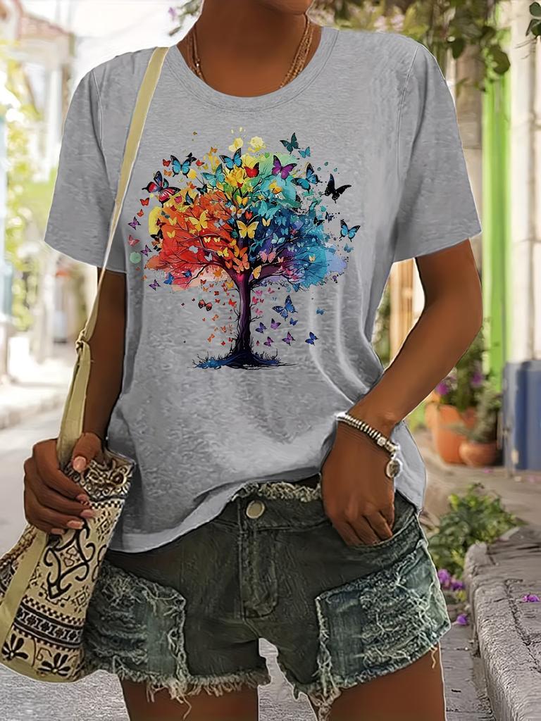 Lady CLothes Crew Neck Short Sleeve Watercolor StyleColorful Butterfly Tree Print T Shirt Women's Outfits Casual Daily Wear