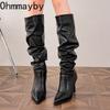 Vintage Pointed Toe Pleated Women Knight High Boots Party Stripper Sexy High Heel Shoes Autumn Winter Female Long Booties