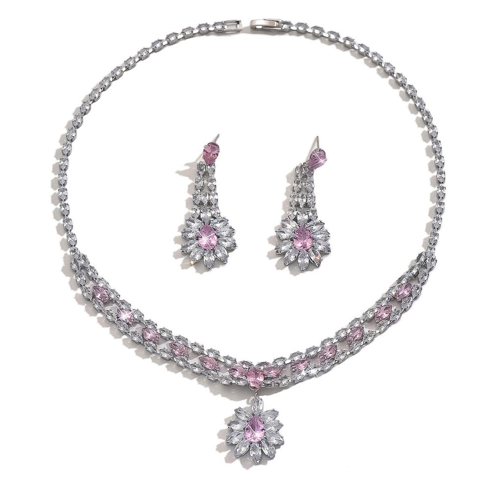 3PC Women's Fashion Zircon Geometric Flower Fresh Necklace Earring Zircon Set Design Sense Set Daily Wear Holiday Gift