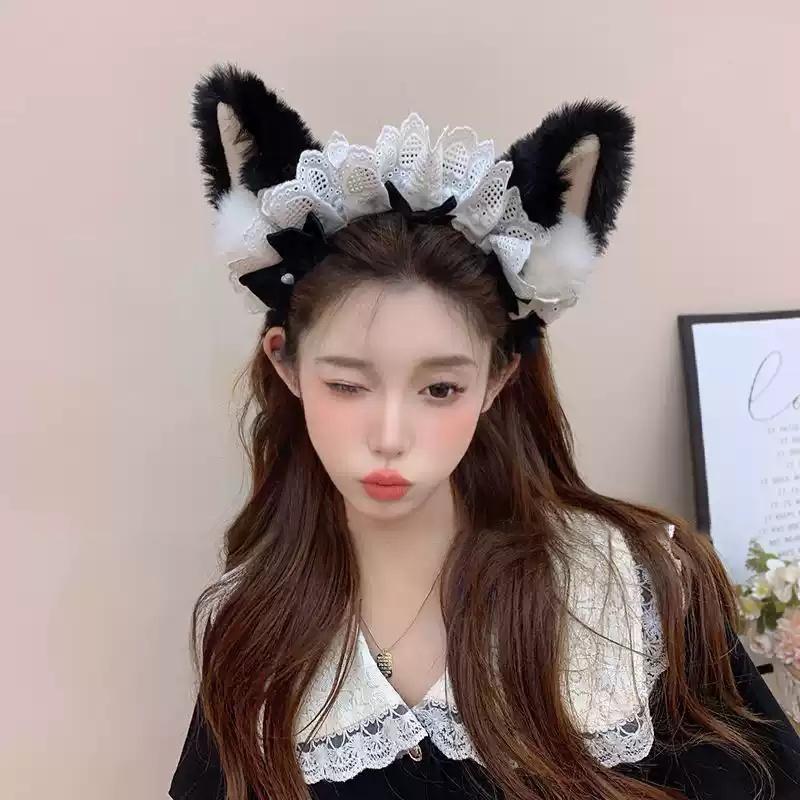 Süßes Plüsch-Ohren-Haarband Japanische Süße Spitze Schleife Lolita Stirnband Haarschmuck