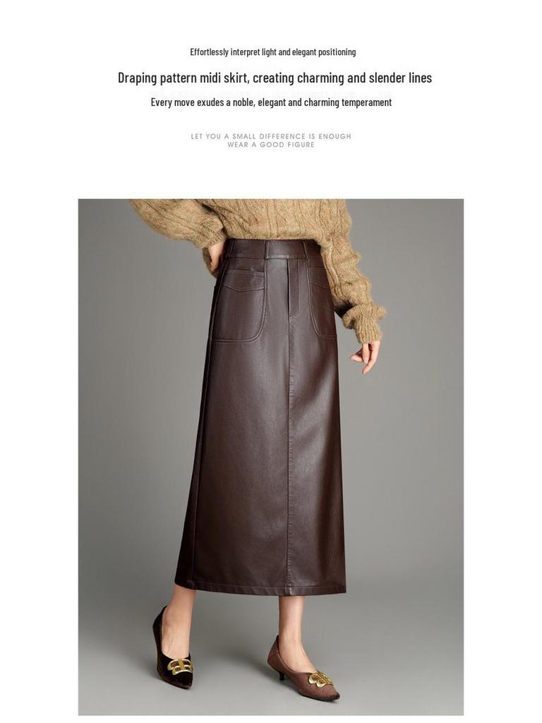 Elegant Women's Genuine Leather Slit Skirt - High-End Autumn/Winter Fashion
