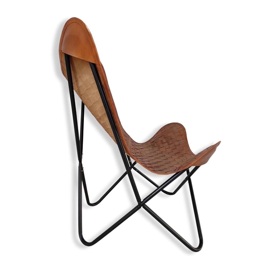 Leather Living Room Chairs-Leather Butterfly Chair-Hand Weaved Tan Brown Leather Butterfly Chair-Handmade with Black Powder Coated Folding Iron Frame.