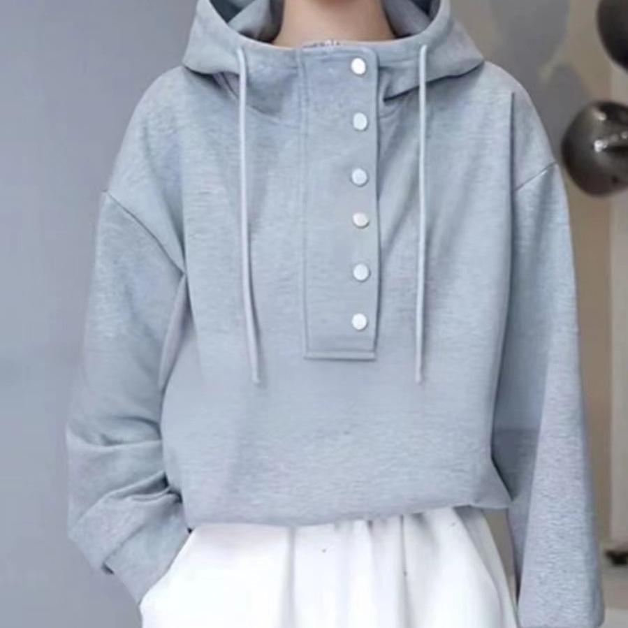 Early Spring Casual Hooded Sweatshirt - Versatile Loose Fit, Half-High Neck, Trendy Small Size Top
