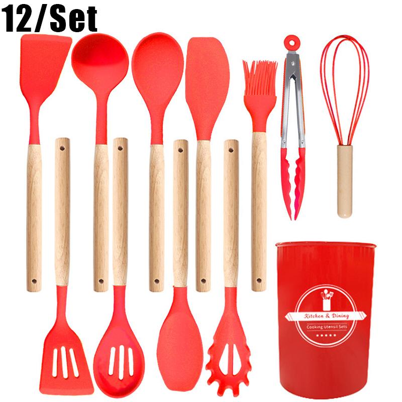 Conjunto de 12 Utensílios de Cozinha com Cabo de Madeira, Silicone Resistente ao Calor, Anti-riscos e Livre de BPA