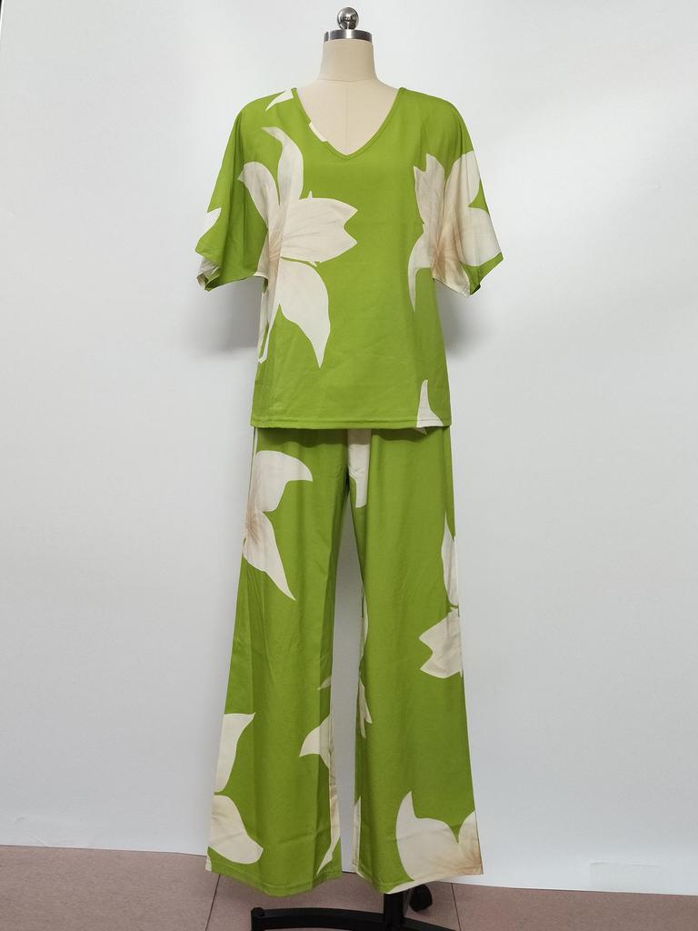 European & American Summer 2025 V-neck Batwing Top and Long Pants Two-piece Set