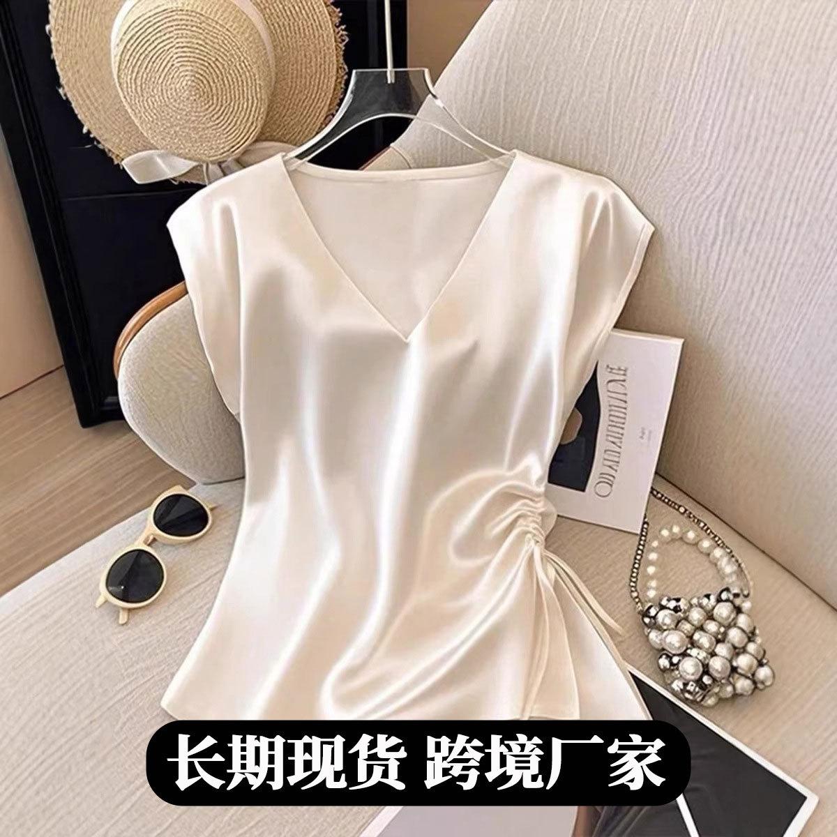 Women Satin V Neck Cap Sleeve Drawstring Ruched Blouse S белый
