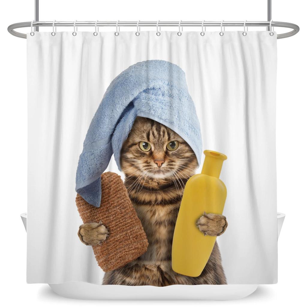 Hrdinský Velký bílý žralok s pistolí Kočka Vtipný sprchový závěs Pro kryt vany Kryt koupelny Koupání Extra velký Široký 12 ks háčků