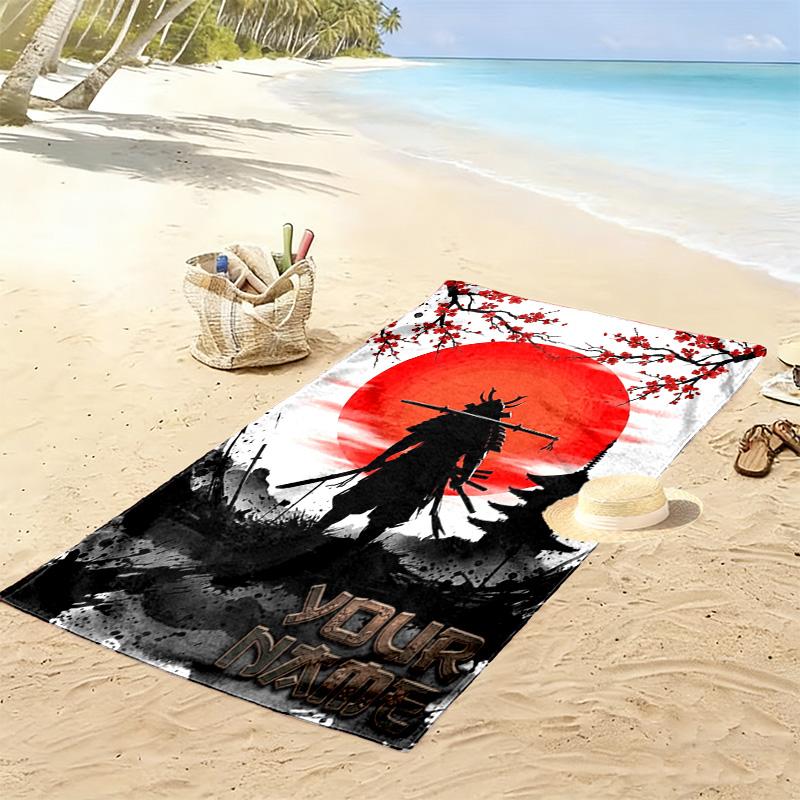 Name Custom Japanese Samurai Print Beach Towel, Large Soft Quick Dry Towel for Beach Camping Swimming