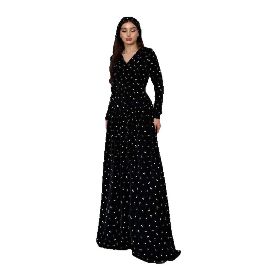 Elegant Autumn 2025 V-Neck Retro Floral Dress - European & American Style Waist-Cinching Women's Fashion