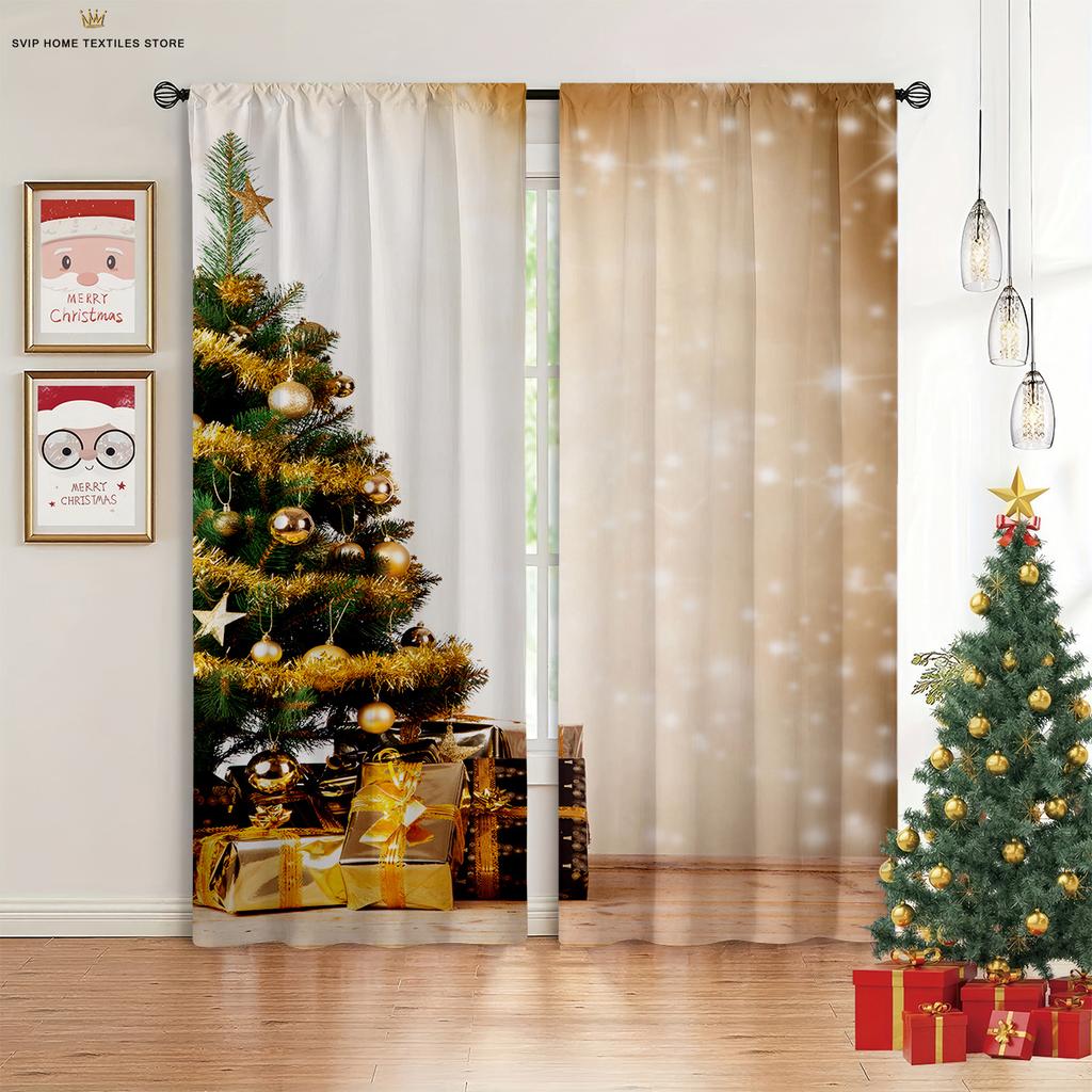 2pcs Snowflake Santa Claus Christmas Decorative Curtains Holiday Party Decorative Curtains New Year Gifts Machine Washable