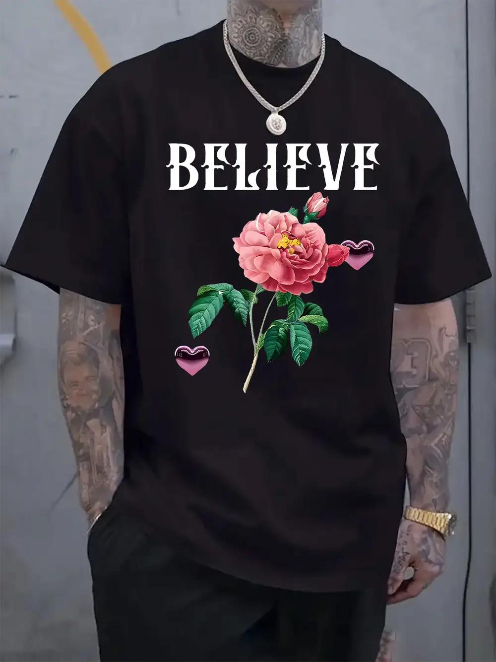 

Round Neck Short Sleeve T-shirt with a Floral Motivational Theme Print XXL