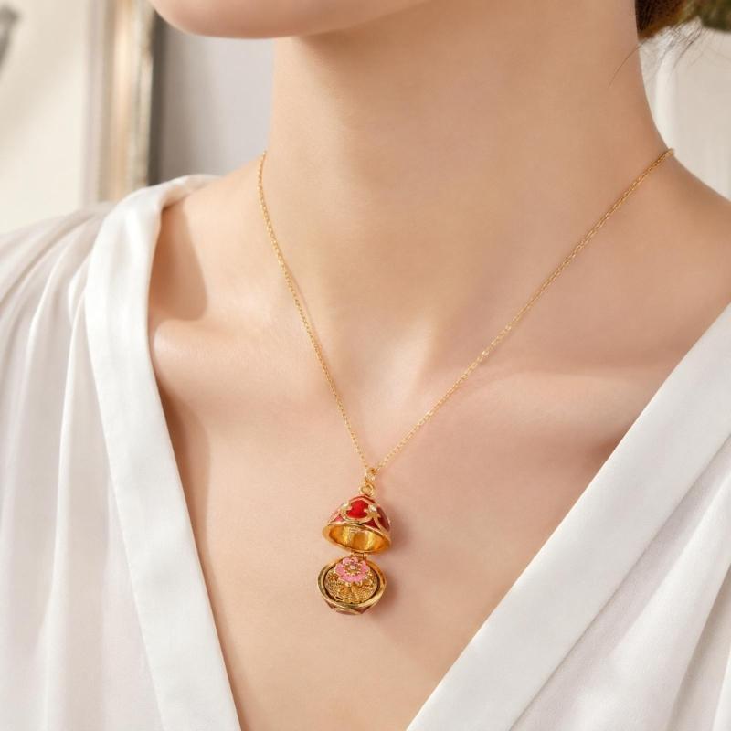Enamel Egg Pendant Necklace with Hinged Opening, Collarbone Chain, Gold-Tone Chain, and Easter Outfit Styling for Women