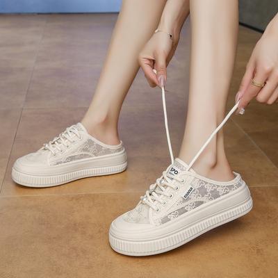 CRLAYDK Summer Women's Lace Comfortable Slip On Mules Mesh Skate Slippers Ladies Backless Slide Loafers Casual Platform Shoes