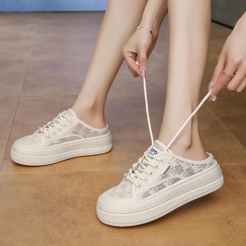 Fashion CRLAYDK Summer Women's Lace Comfortable Slip On Mules Mesh Skate Slippers Ladies Backless Slide Loafers Casual Platform Shoes